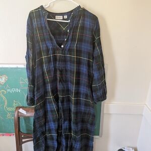 Blue & Green Plaid Button-Front Tunic Dress